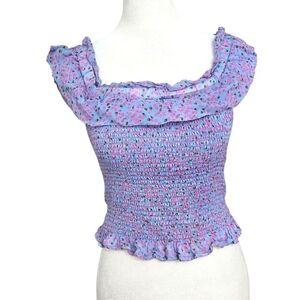 FLETCH Ditsy Floral Ruffle Smocked Top Purple. On/off Shoulder. Size Medium